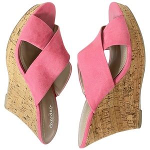 Charles by Charles Jordan Latrice cork wedges, pink microsuede, cross fr…